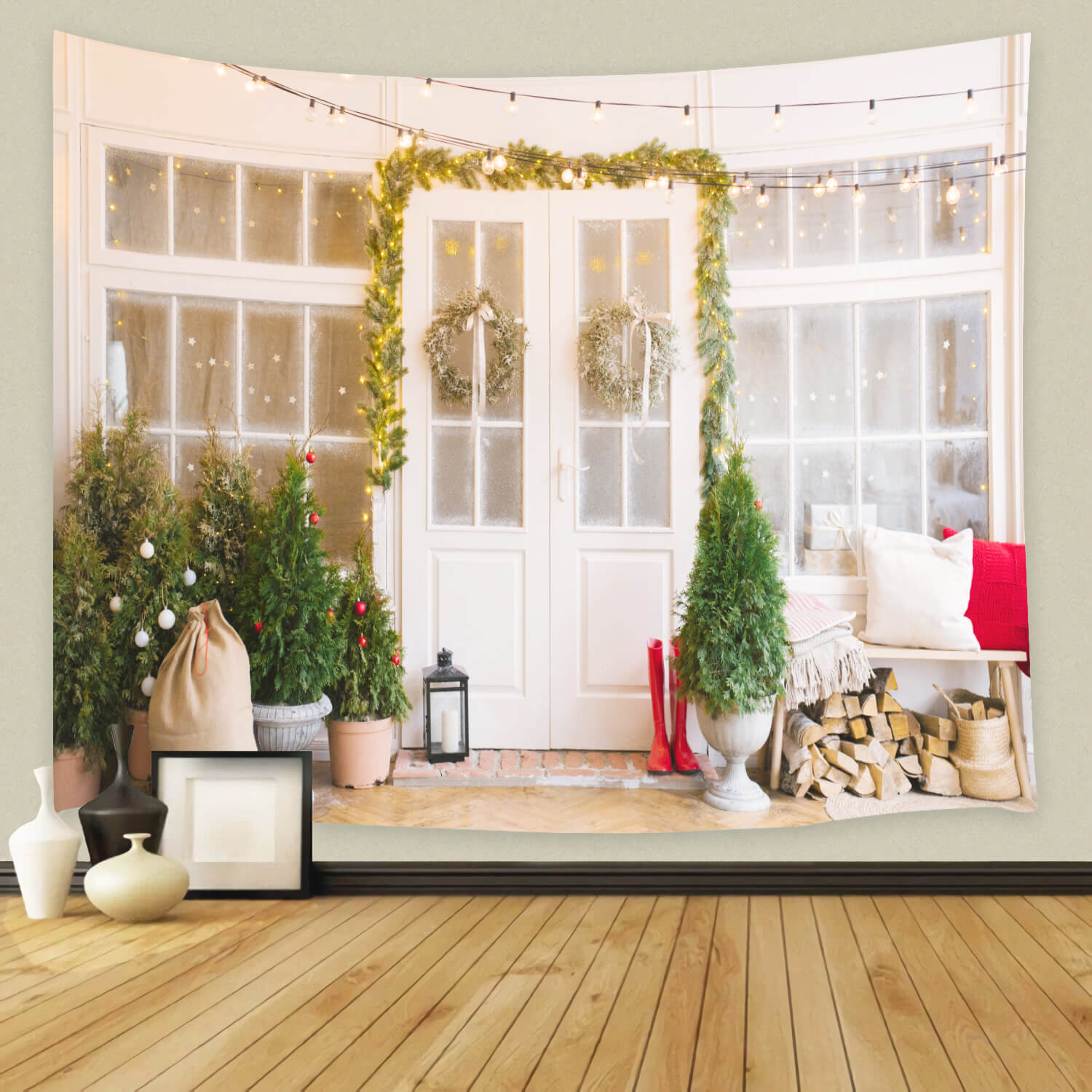 Toile de Fond de Porche de Porte Décorée D'arbre de Noël M6-86