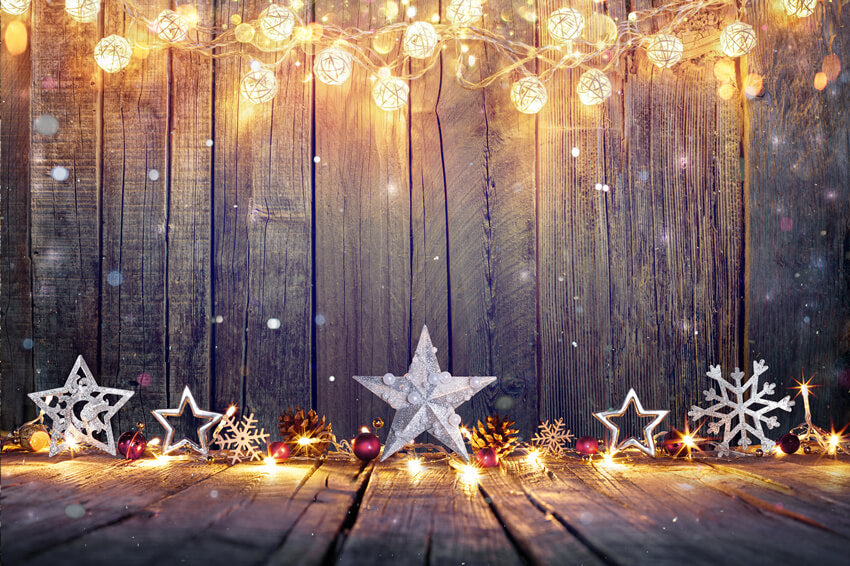 Toile de Fond de Noël Étoiles Lumières Fond de Bois M6-88