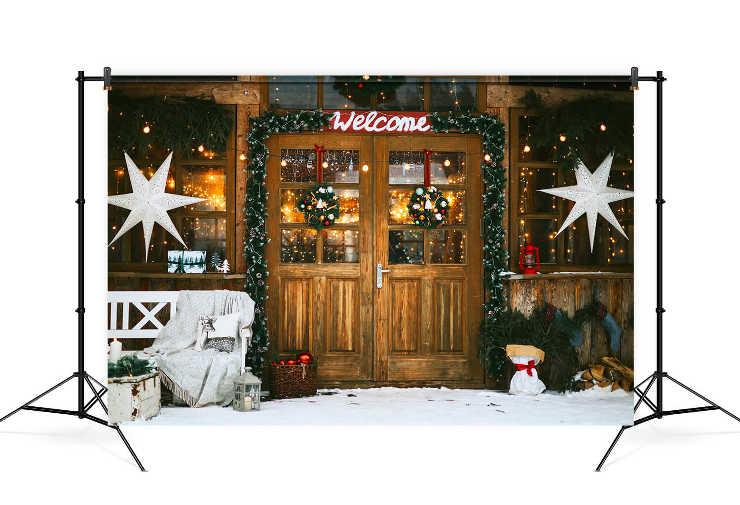 Toile de Fond de Maison de Village Décorée de Lumières de Noël M6-91