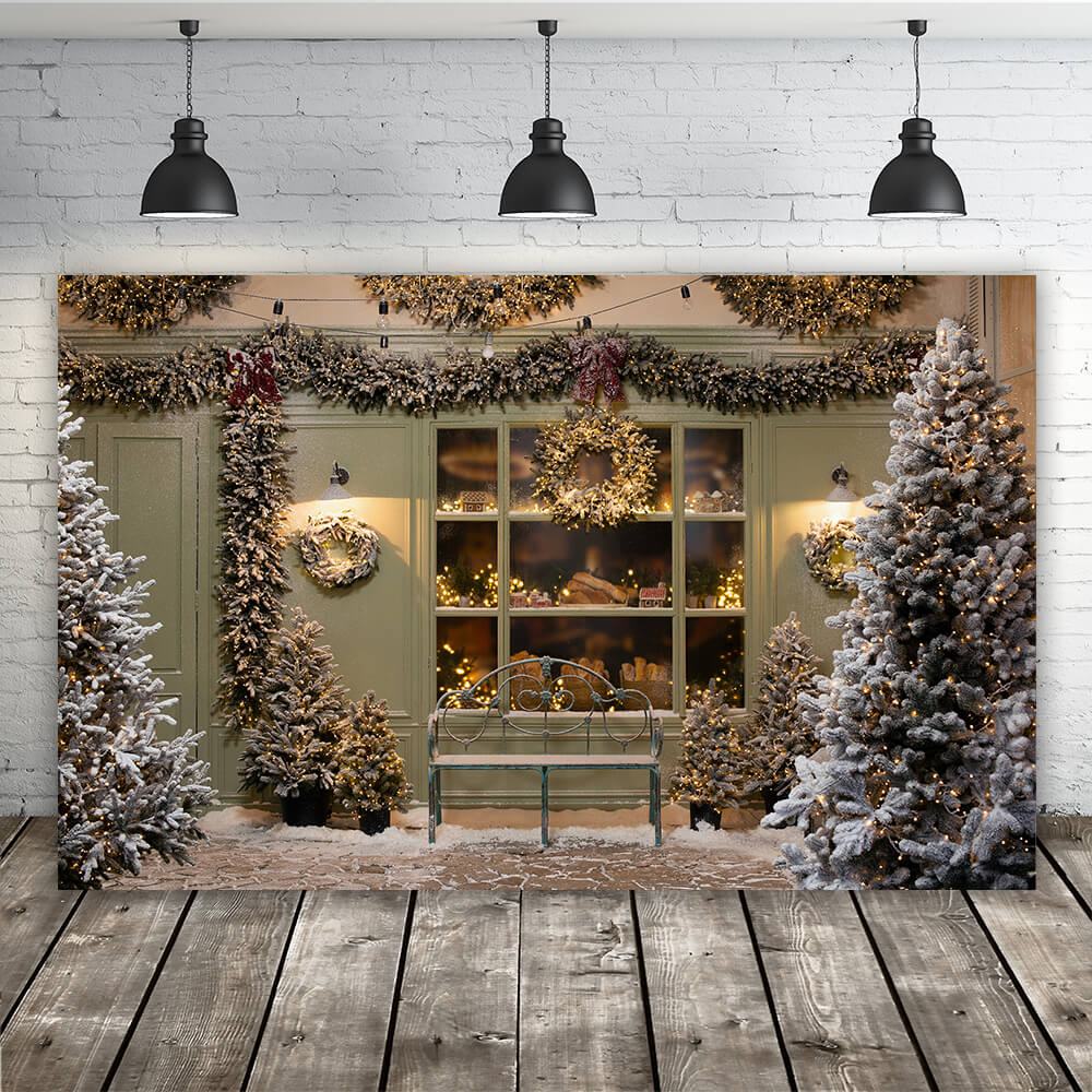 Sapin de Noël Boulangerie Fenêtre Guirlande Neige Toile de Fond M6-92