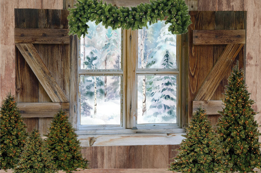 Arbre de Noël Fenêtre Neige Vue Toile de Fond M7-27