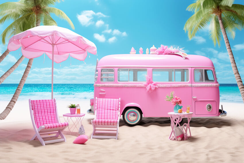 Toile de Fond de Bus Rose de Plage de Poupée de Mode D'été M7-87