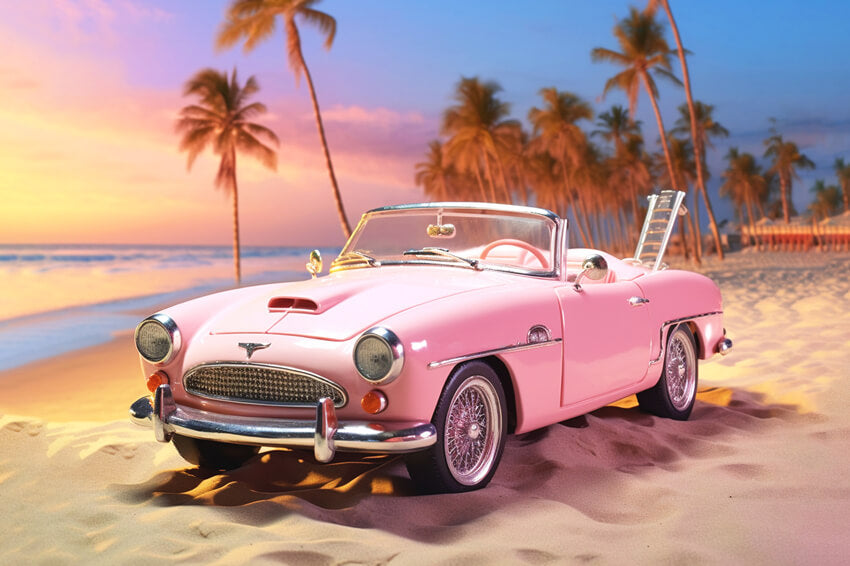 Toile de Fond pour Poupée de Mode Plage Estivale Voiture Rose M7-99
