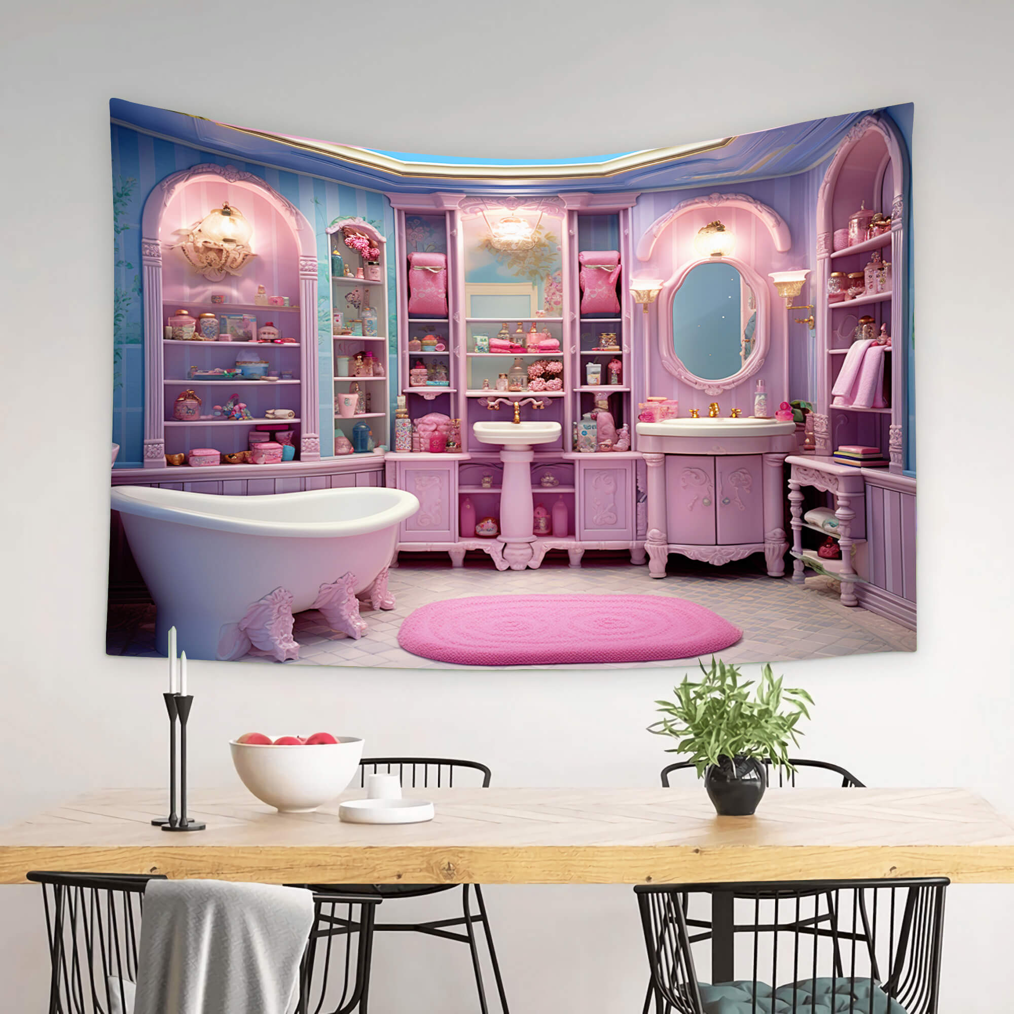 Toile de Fond Fantaisie Poupée Salle de Bain Rose Maison M8-38