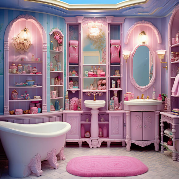 Toile de Fond Fantaisie Poupée Salle de Bain Rose Maison M8-38