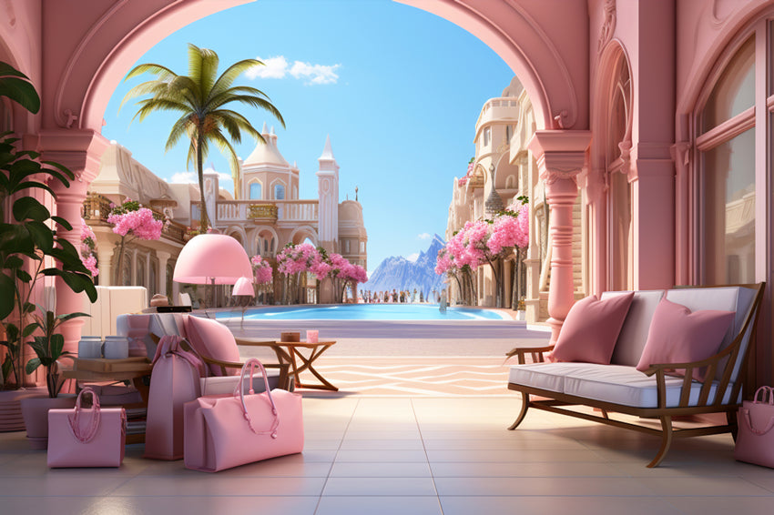 Toile de Fond pour Poupée de Mode en Château Rose M8-39