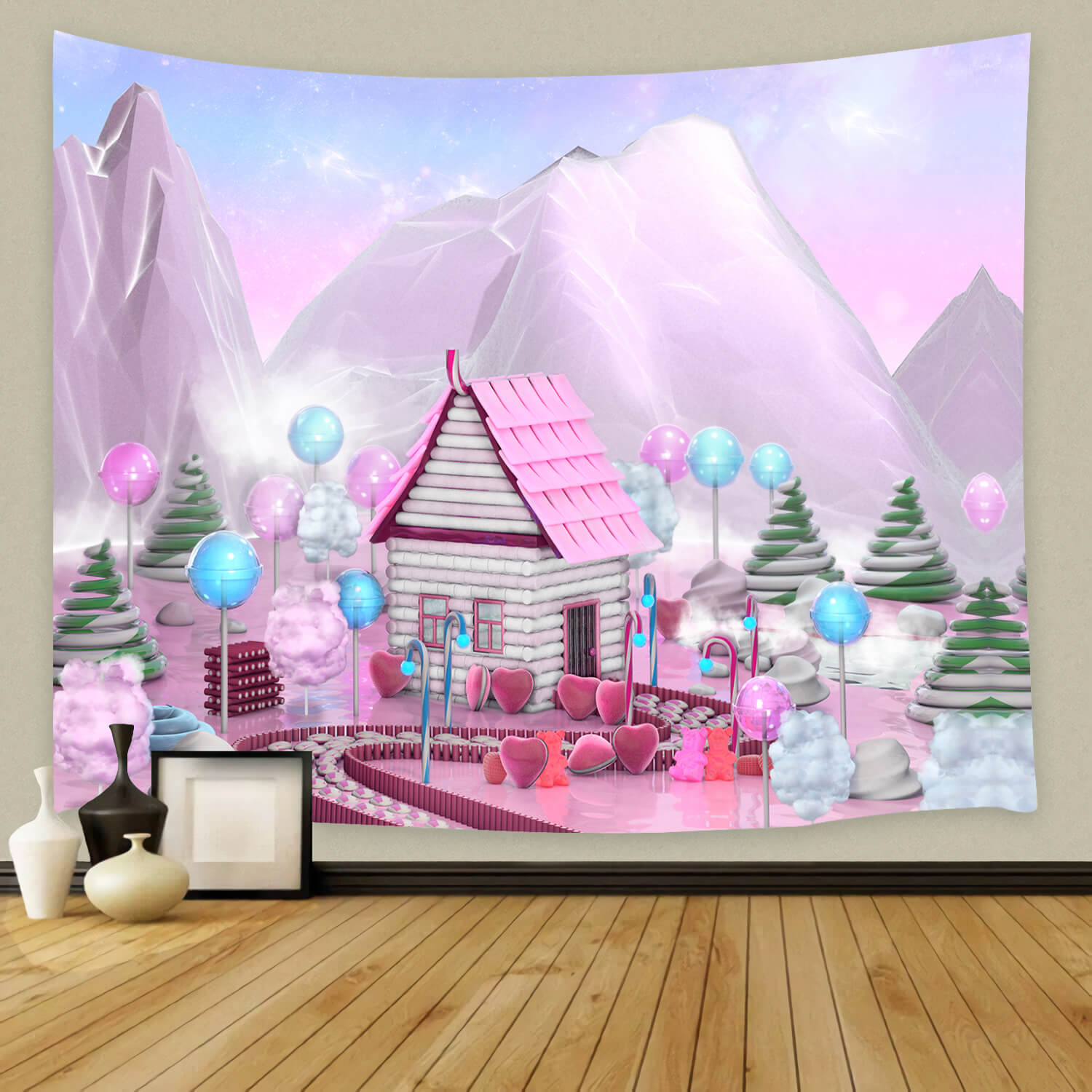 Toile de Fond Montagne avec Maison de Bonbons Rose M8-43