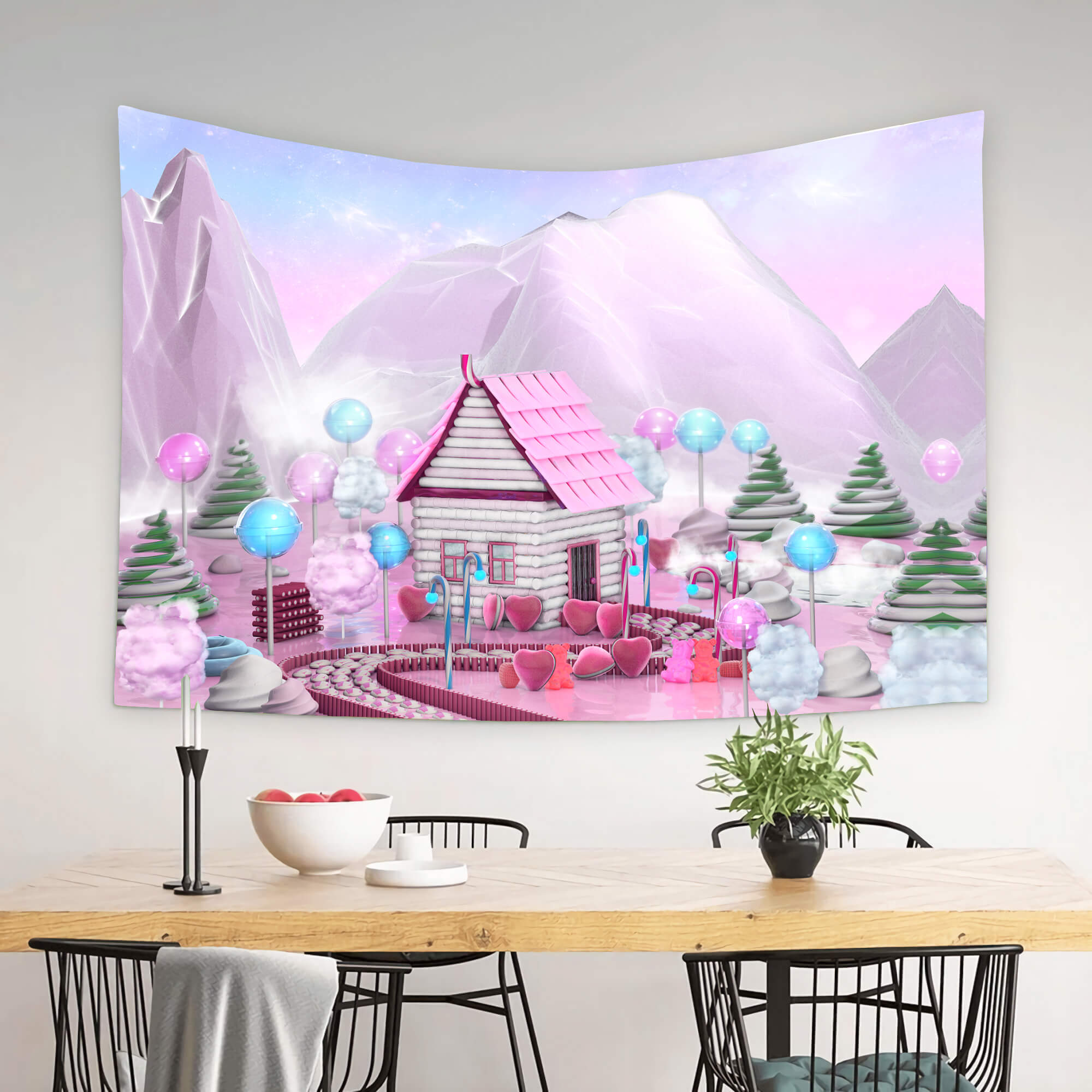 Toile de Fond Montagne avec Maison de Bonbons Rose M8-43