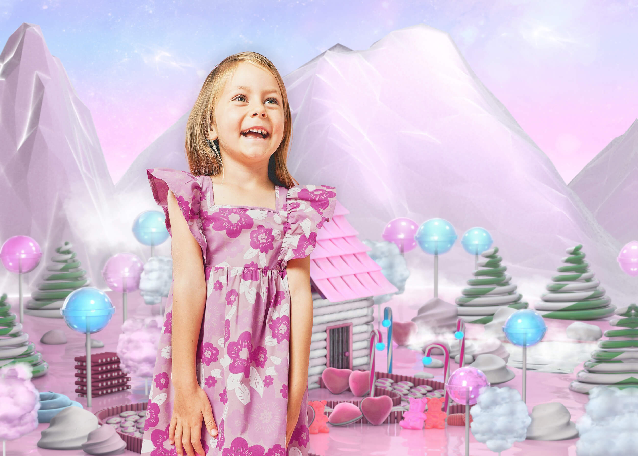 Toile de Fond Montagne avec Maison de Bonbons Rose M8-43