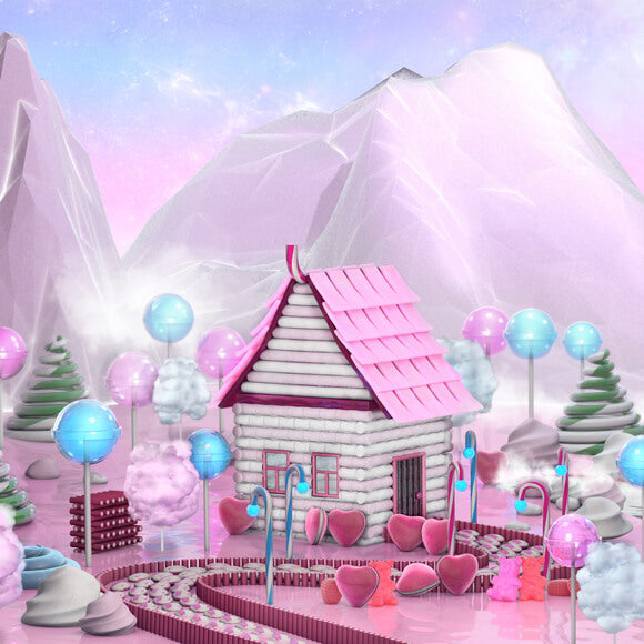 Toile de Fond Montagne avec Maison de Bonbons Rose M8-43