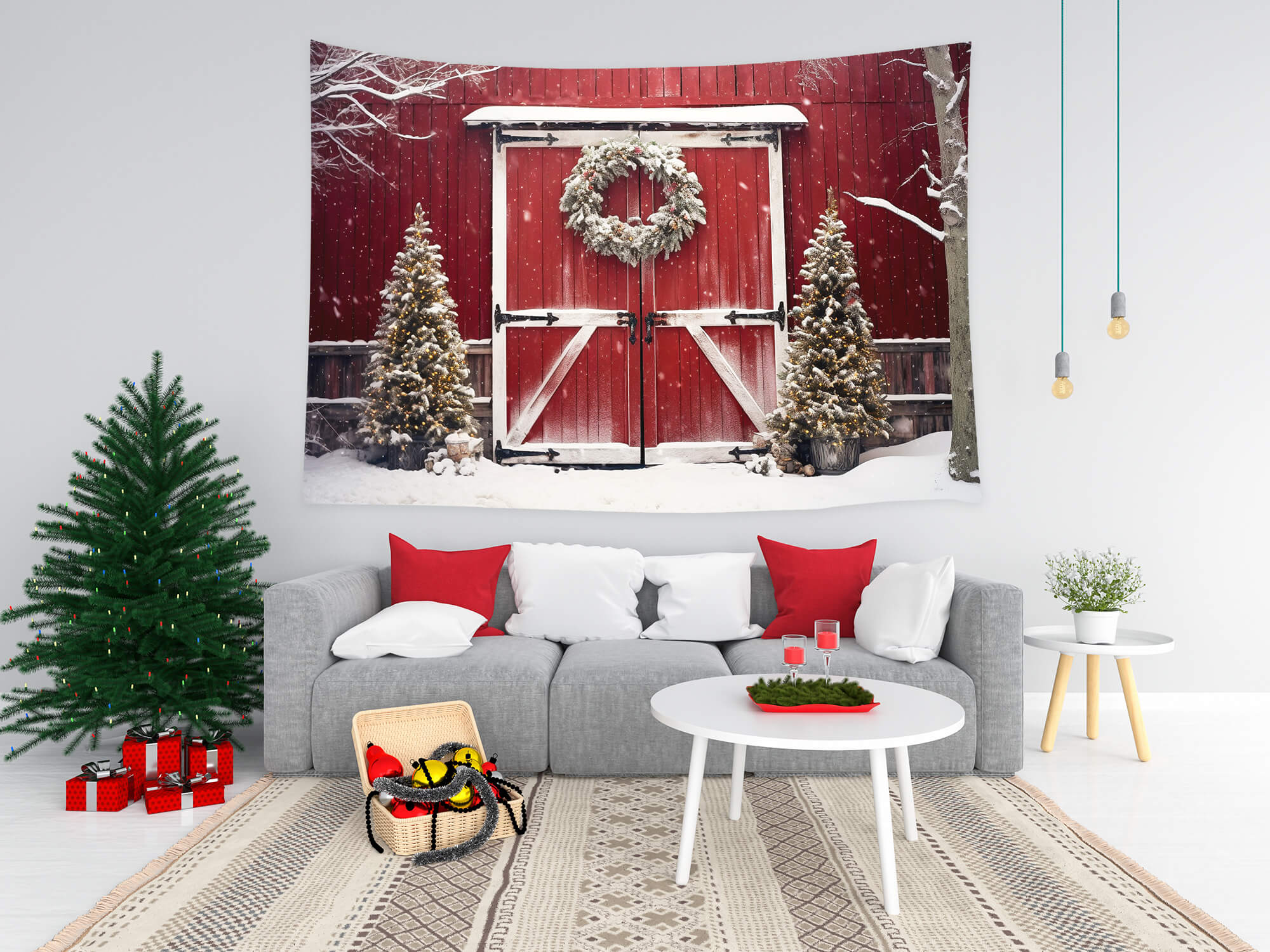 Toile de Fond Arbre de Noël Enneigé Grange Rouge  M8-64