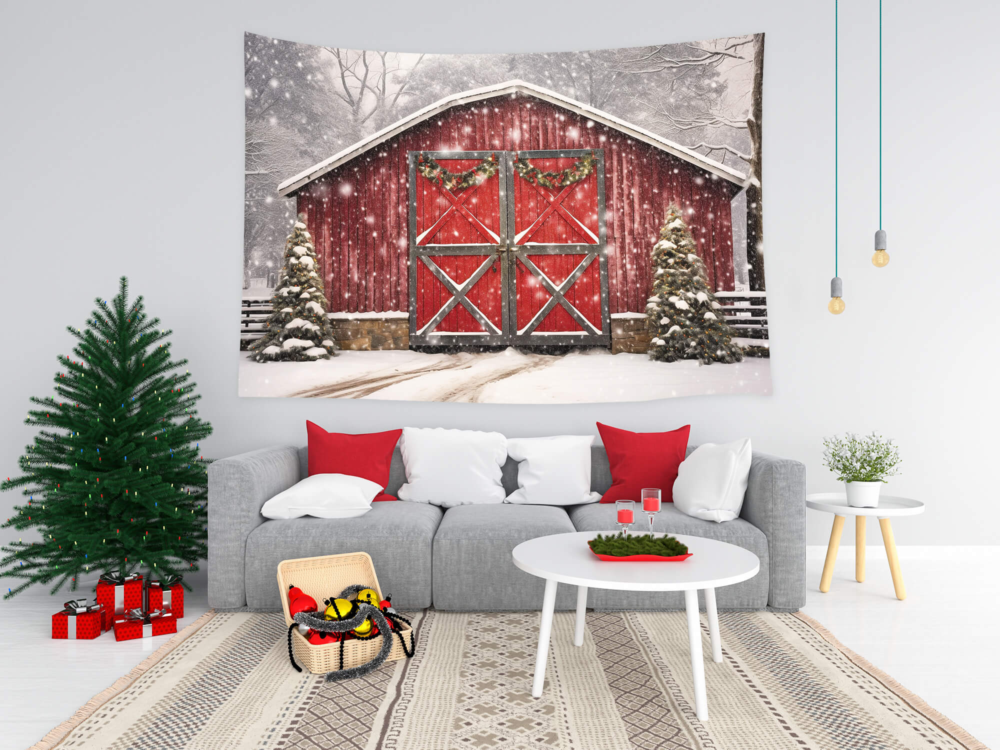 Toile de Fond Noël Maison en Bois Rouge Neige M8-66