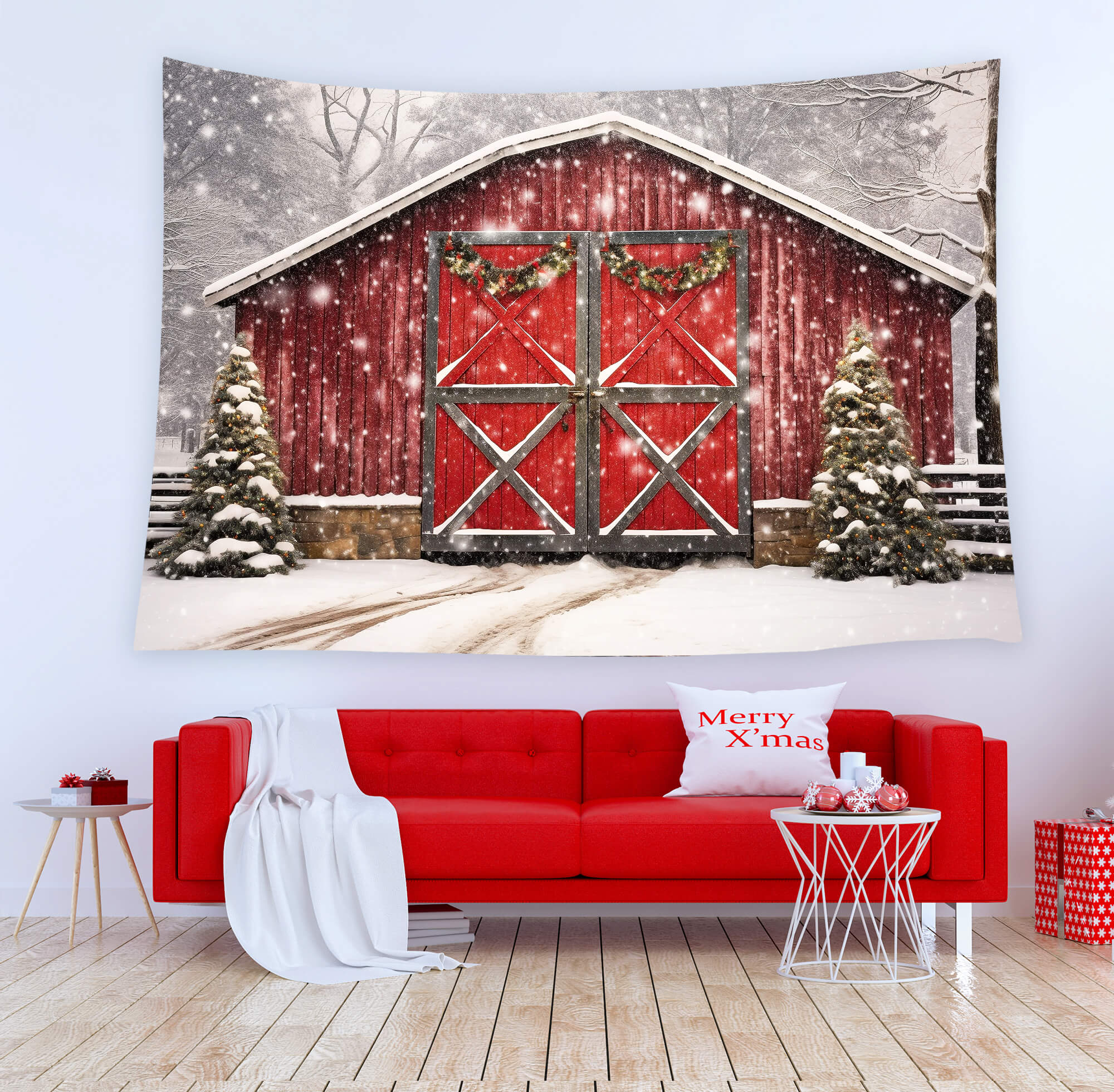 Toile de Fond Noël Maison en Bois Rouge Neige M8-66