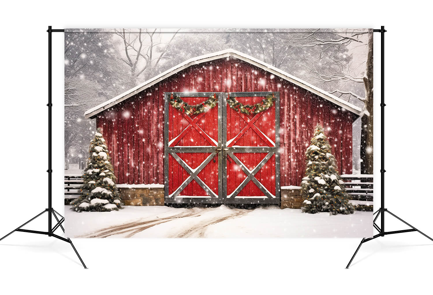 Toile de Fond Noël Maison en Bois Rouge Neige M8-66