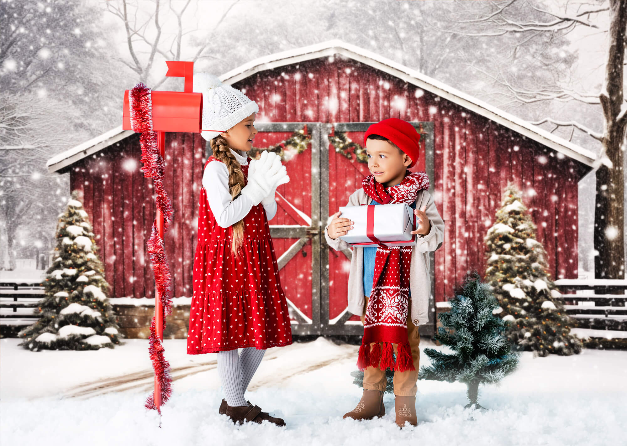 Toile de Fond Noël Maison en Bois Rouge Neige M8-66