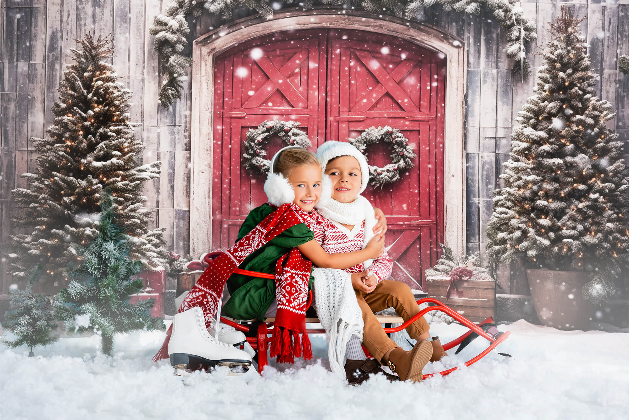 Toile de Fond Noël Maison en Bois Rouge Neige M8-66