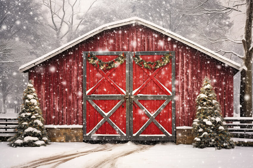 Toile de Fond Noël Maison en Bois Rouge Neige M8-66