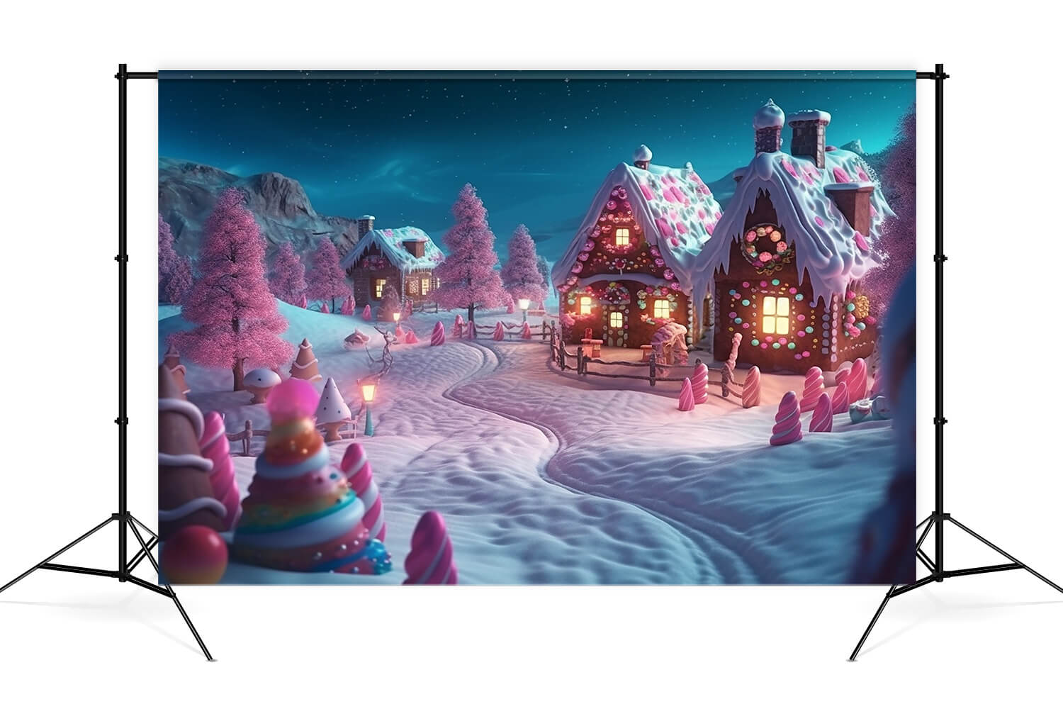 Toile de Fond Maison en Pain d'Epices Neige Hiver Noël M8-72