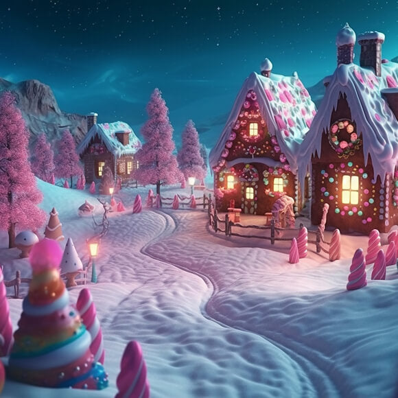 Toile de Fond Maison en Pain d'Epices Neige Hiver Noël M8-72