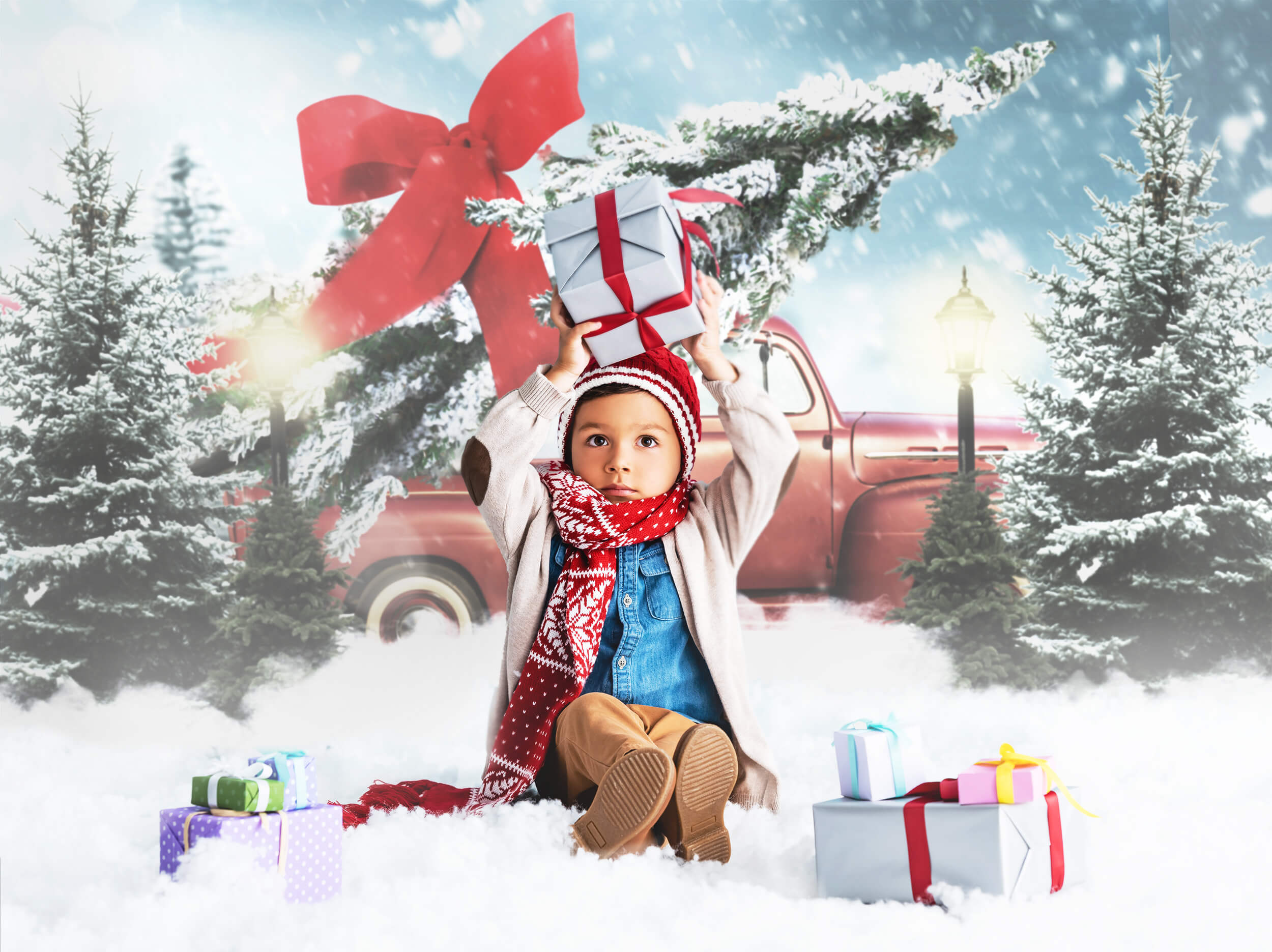 Toile de fond Arbre de Noël avec nœud rouge camion rouge M9-19