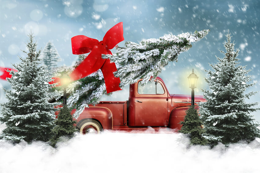 Toile de fond Arbre de Noël avec nœud rouge camion rouge M9-19