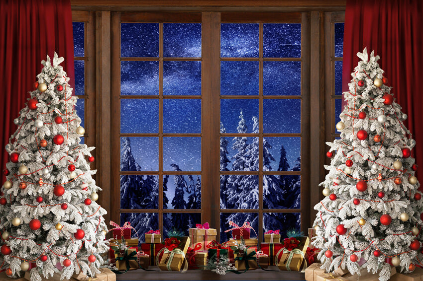 Toile de fond Arbre de Noël Fenêtre Forêt enneigée M9-20