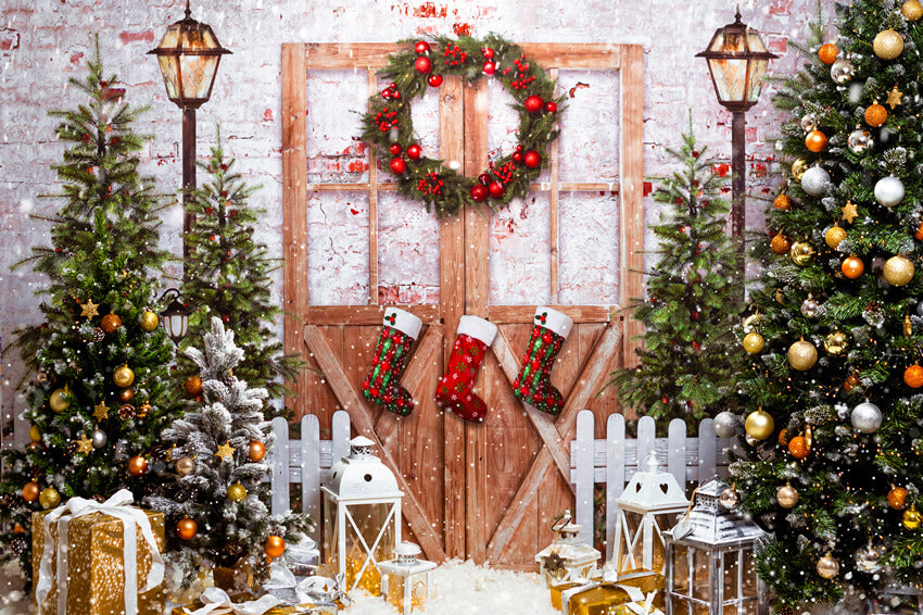 Toile de fond Porte en bois flocon de neige Arbre de Noël M9-27