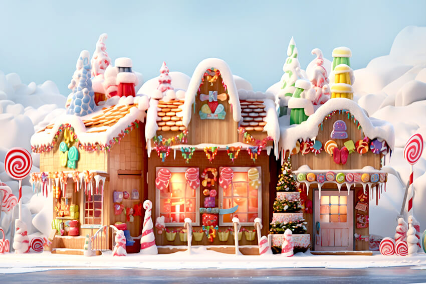 Toile de Fond de Noël Enneigée avec Maison en Pain d'Epices M9-37