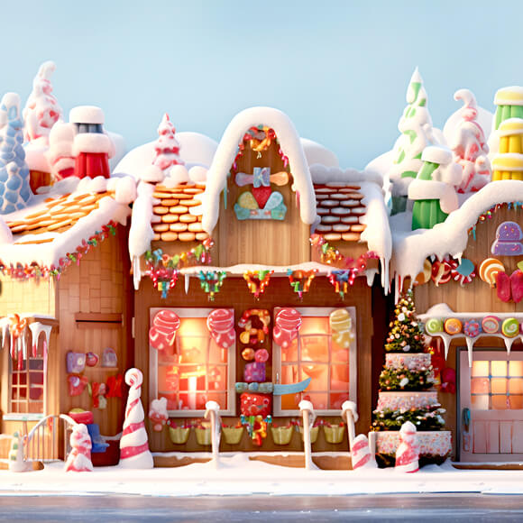 Toile de Fond de Noël Enneigée avec Maison en Pain d'Epices M9-37