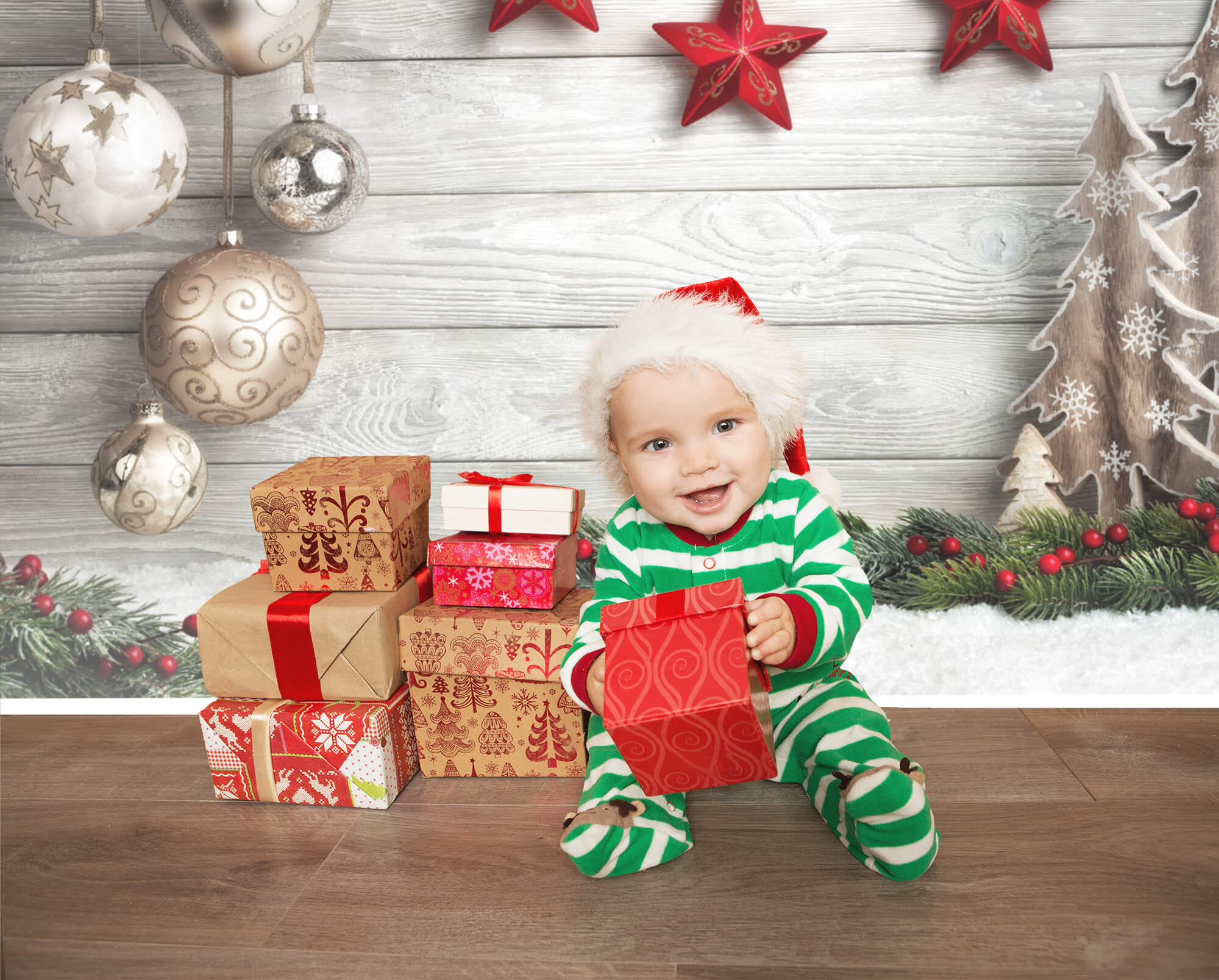 Toile de Fond Boule de Noël Bois Blanc Photographie M9-41