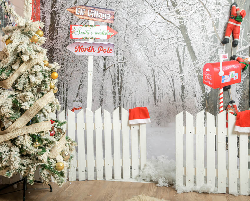 Toile de Fond Arbre de Noël Hiver Neige Clôture Porte M9-42