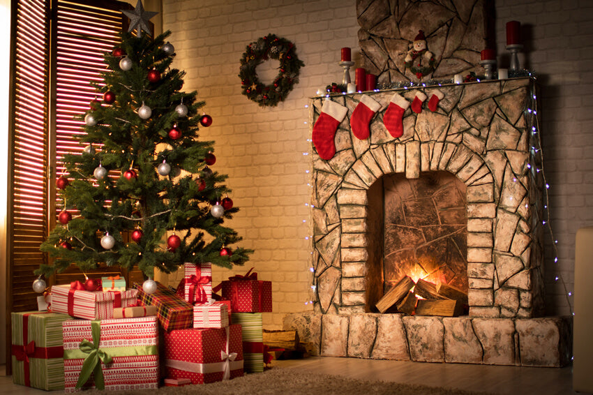 Toile de Fond Arbre de Noël Décoré pour Cheminée M9-80