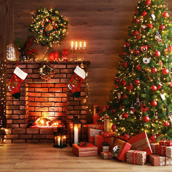 Toile de Fond Arbre de Noël Lumineux Cheminée Cadeaux M9-81
