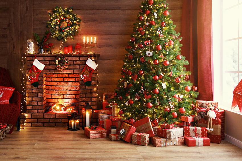 Toile de Fond Arbre de Noël Lumineux Cheminée Cadeaux M9-81