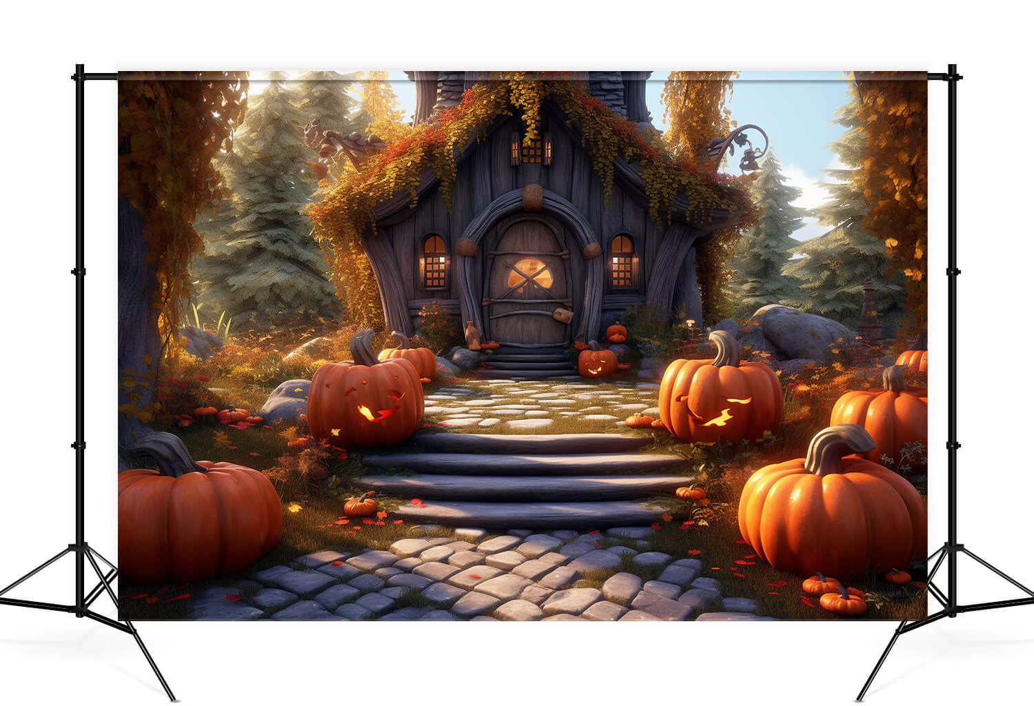 Toile de Fond Citrouille d'Automne Maison en Bois M9-85