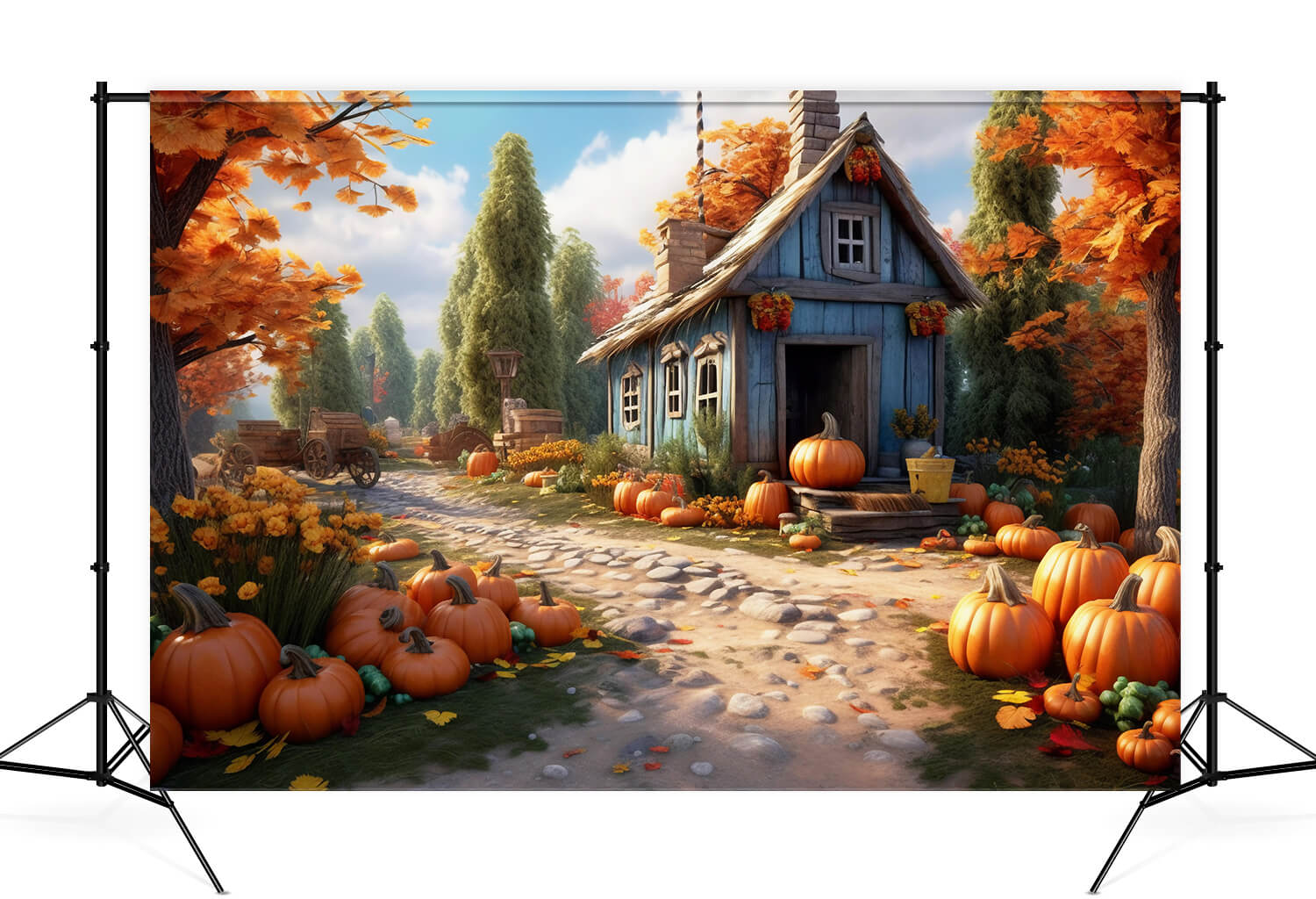Toile de Fond Village d'Automne Chemin Citrouille Maison M9-87
