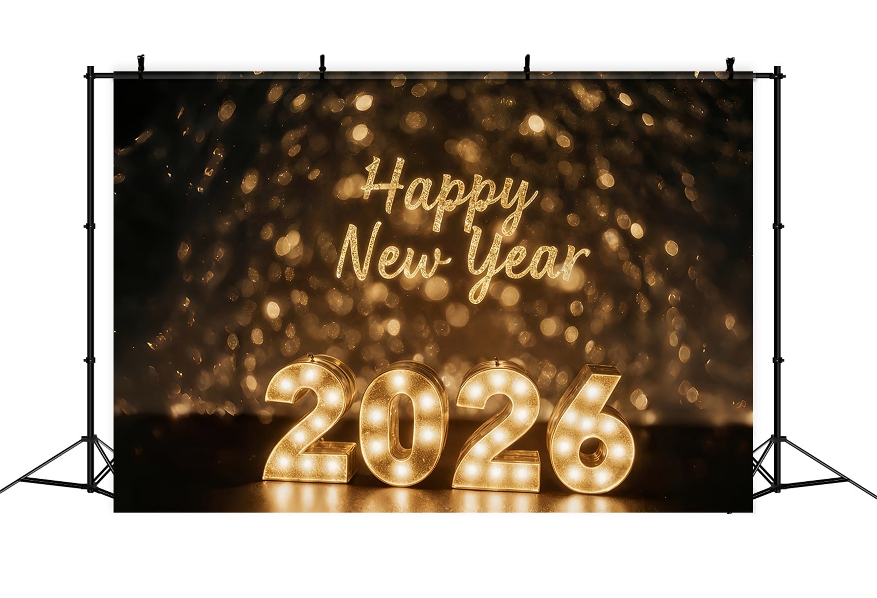 Joyeux Nouvel An 2026 Toile de fond Lumières dorées Célébration Lueur Toile de fond du réveillon du Nouvel An MRR10-1