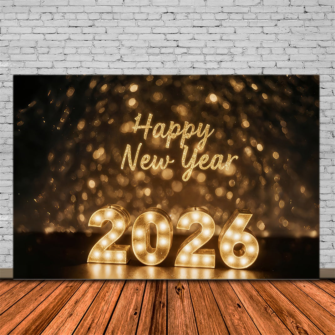Joyeux Nouvel An 2026 Toile de fond Lumières dorées Célébration Lueur Toile de fond du réveillon du Nouvel An MRR10-1
