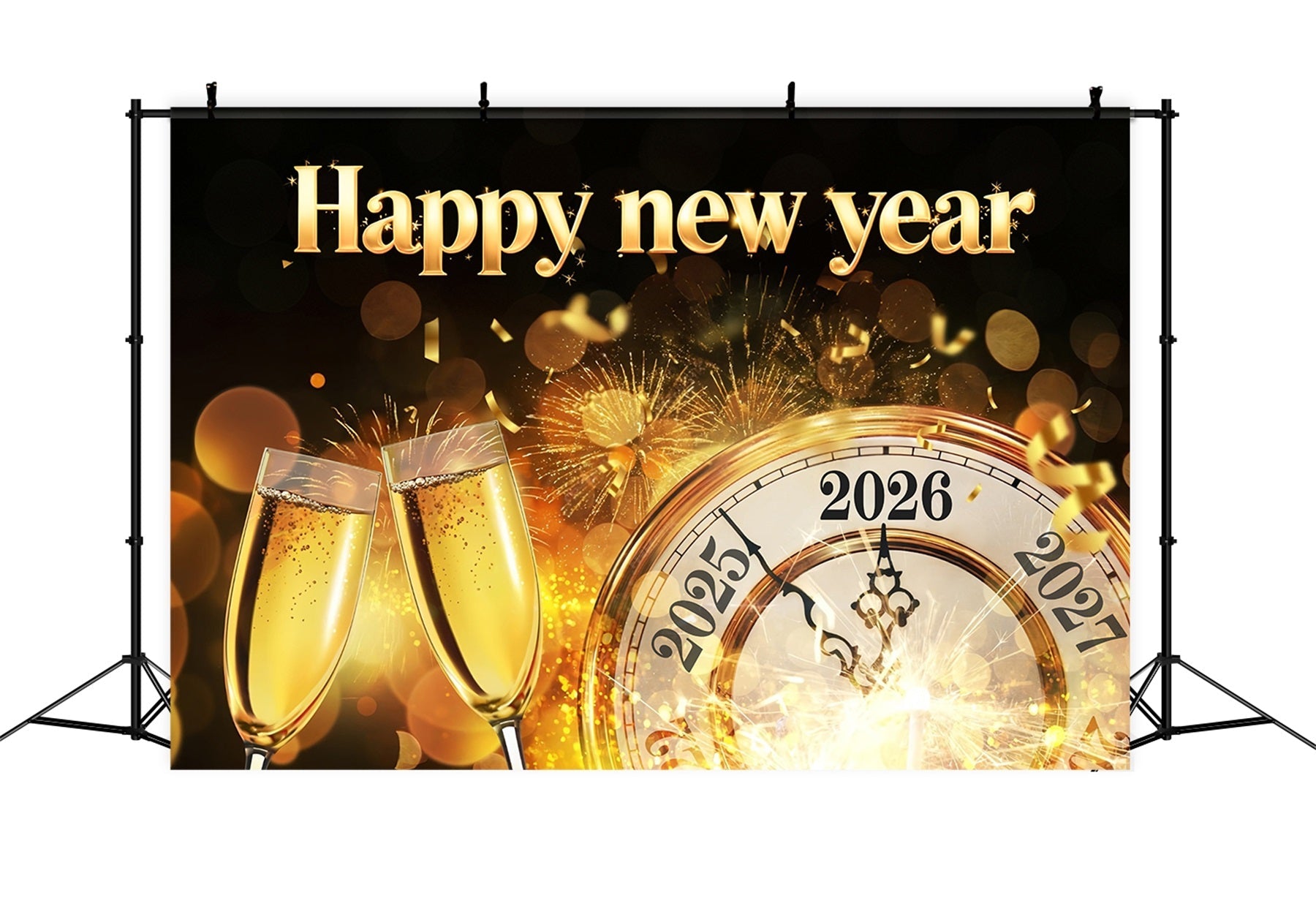 2026 Joyeux Nouvel An Toile de fond Horloge dorée Toast de minuit Toiles de fond du Nouvel An MRR10-11