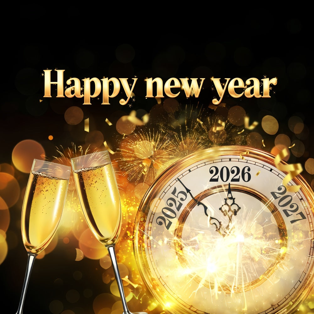 2026 Joyeux Nouvel An Toile de fond Horloge dorée Toast de minuit Toiles de fond du Nouvel An MRR10-11