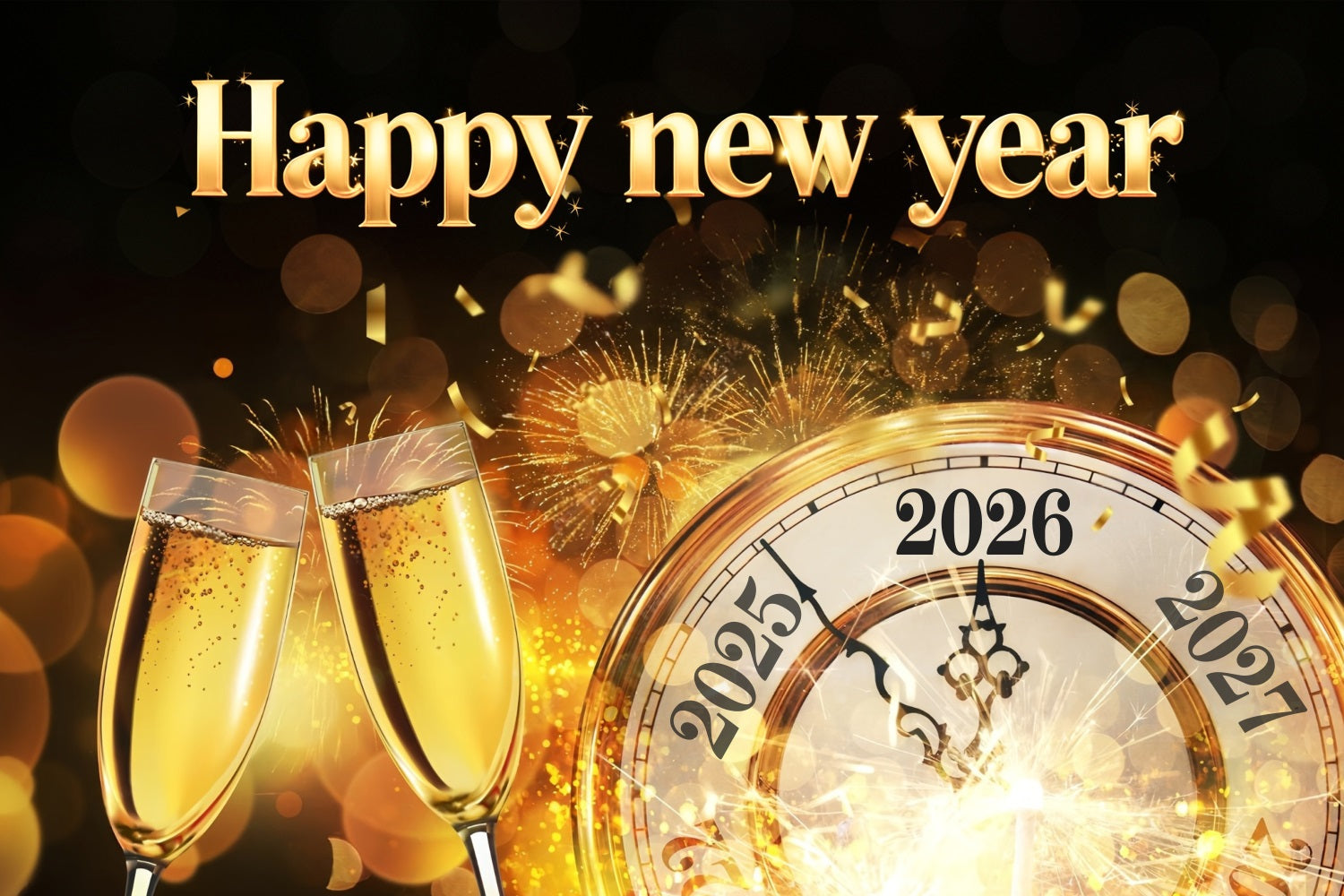 2026 Joyeux Nouvel An Toile de fond Horloge dorée Toast de minuit Toiles de fond du Nouvel An MRR10-11