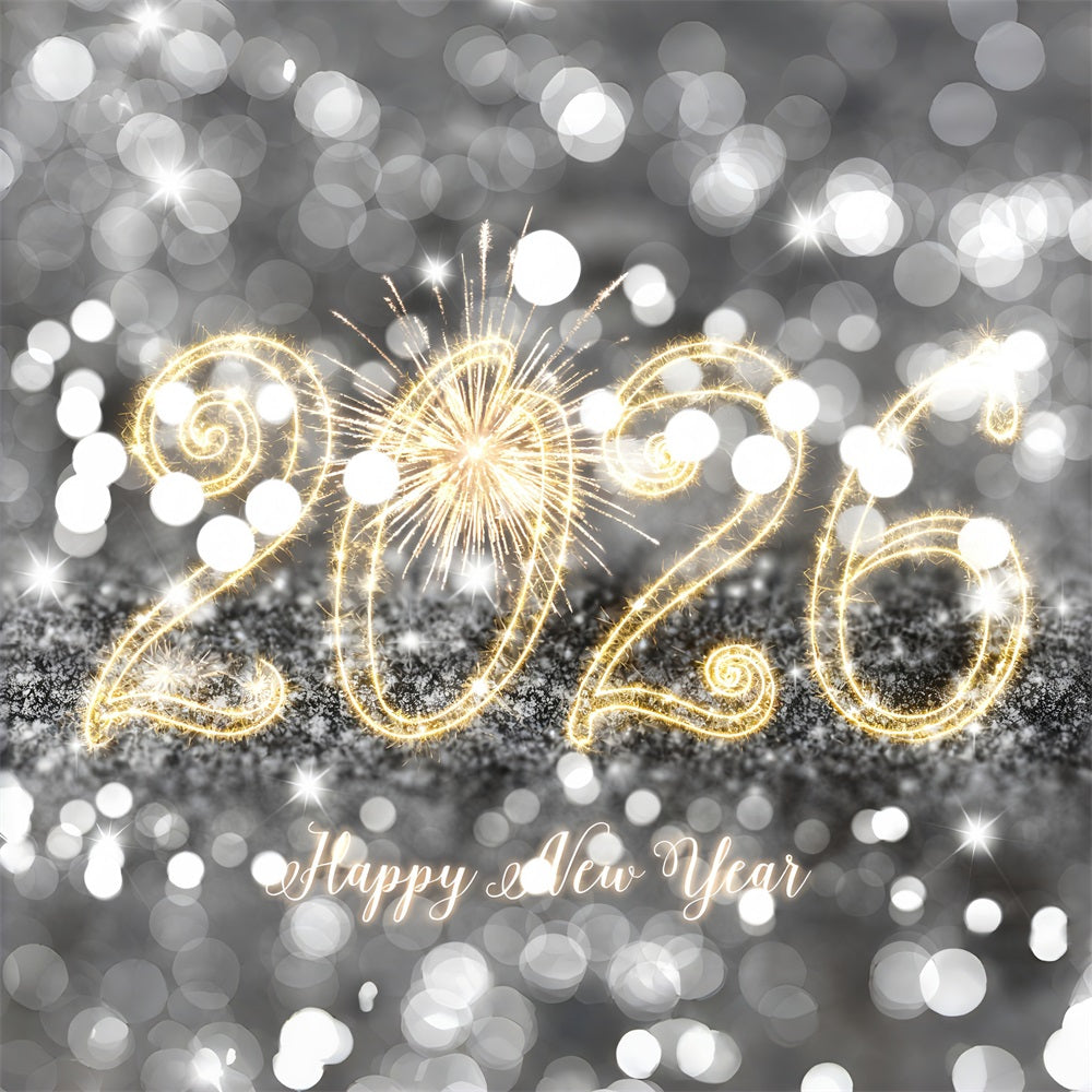 Joyeux Nouvel An 2026 Toile de fond Lumières scintillantes argentées Toile de fond du Nouvel An MRR10-13
