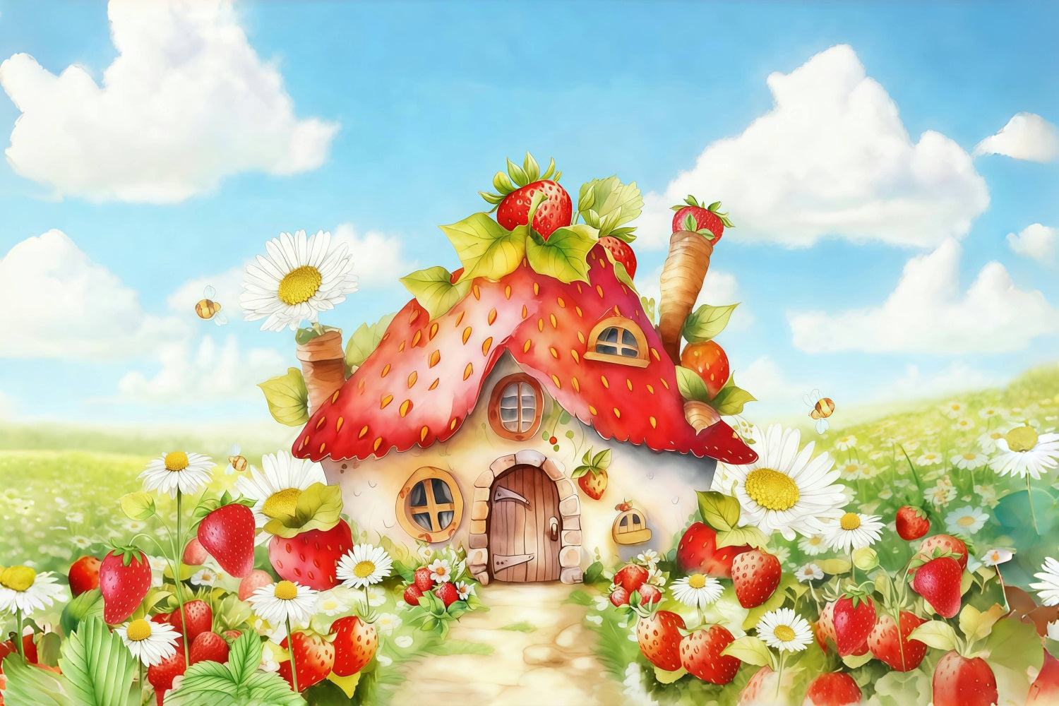 Fonds enfants Maison fraise Fleurs Fond nouveau-né MRR10-28