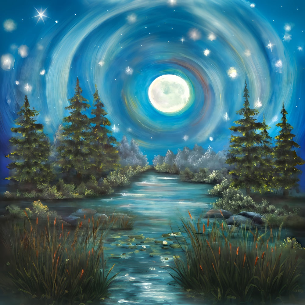 Fond forêt Fond photo pour nouveau-né Forêt au clair de lune et rivière MRR10-33