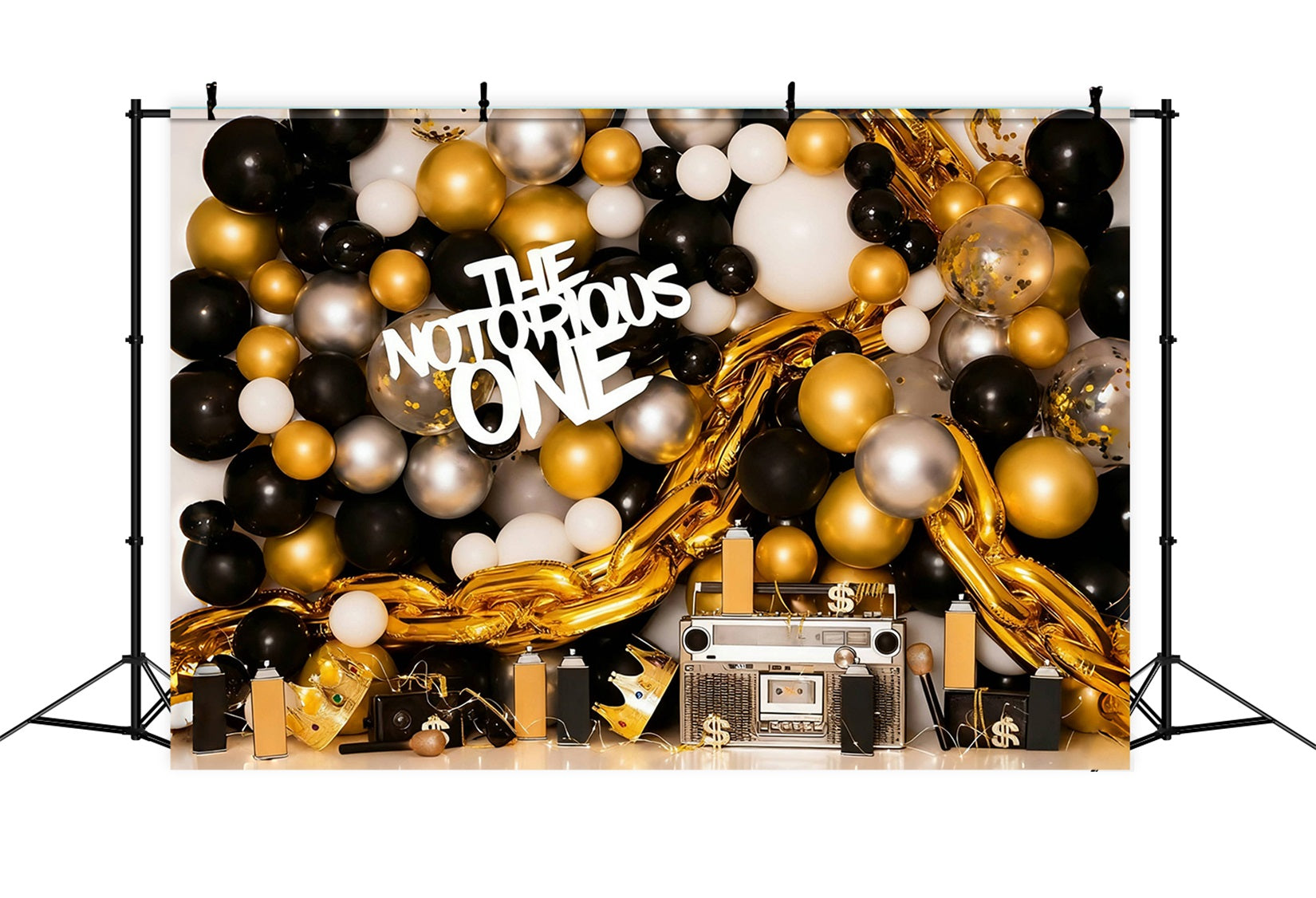 Fond pour cake smash Ballons dorés et noirs Fond pour 1er anniversaire MRR10-43