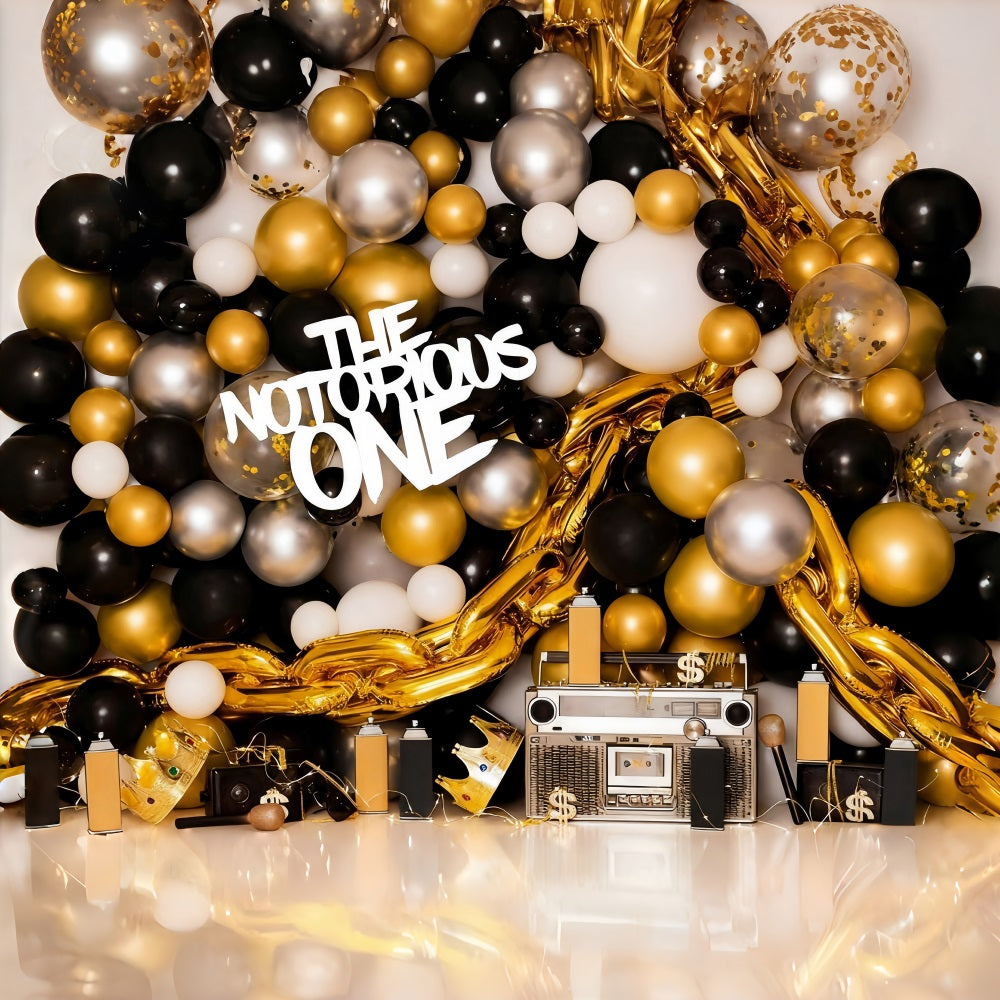 Fond pour cake smash Ballons dorés et noirs Fond pour 1er anniversaire MRR10-43