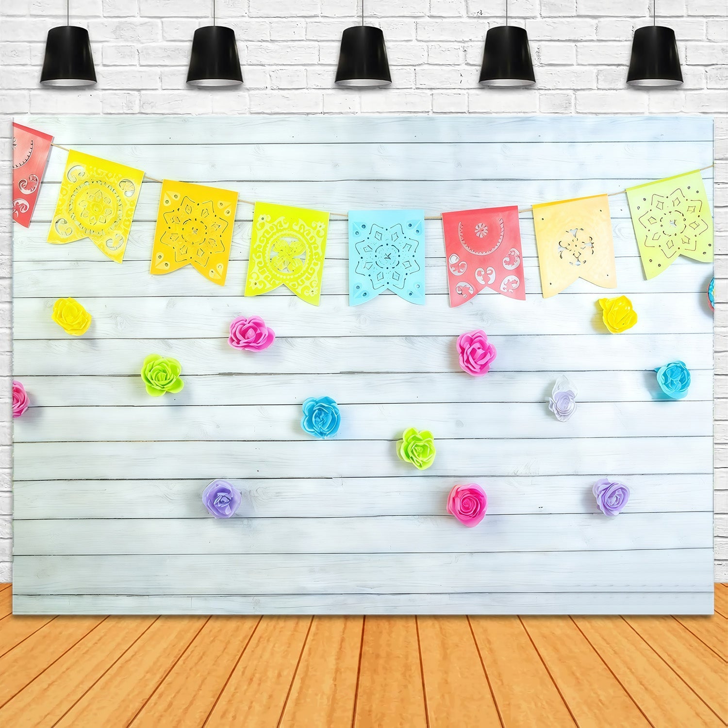 Fond pour 1er anniversaire Guirlandes florales colorées Drapeaux Fond pour cake smash MRR10-46