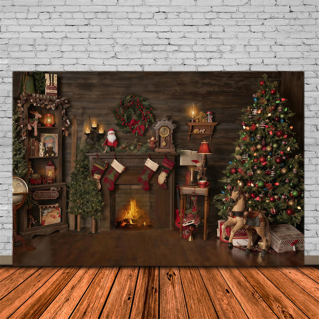 Fond de Noël Maison en bois Cheminée Chaussettes Fond photo de Noël MRR10-52