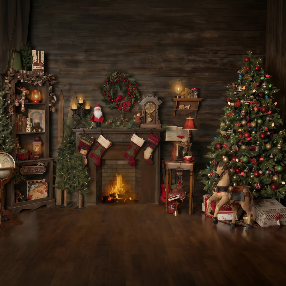 Fond de Noël Maison en bois Cheminée Chaussettes Fond photo de Noël MRR10-52
