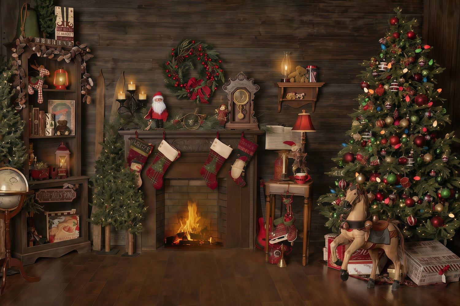 Fond de Noël Maison en bois Cheminée Chaussettes Fond photo de Noël MRR10-52